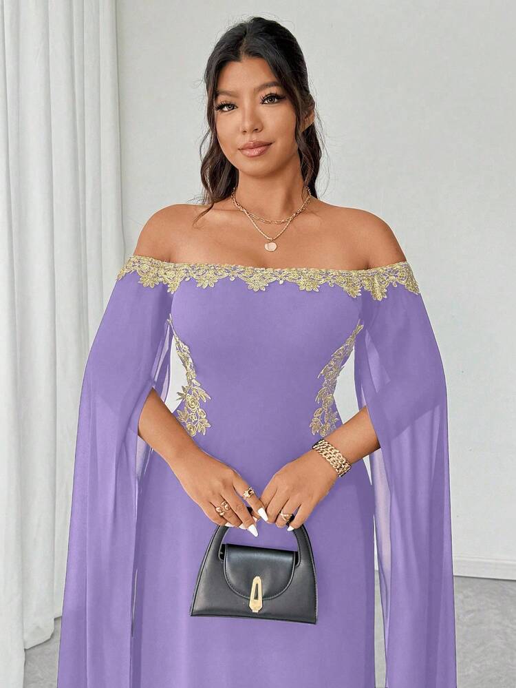 SHEIN Unity 大码女式性感优雅百搭日常金色花卉装饰肩部透视披肩，修身腰部金色贴花长款美人鱼下摆紧身连衣裙，适合春夏季 - 淡紫色 - 查看 7