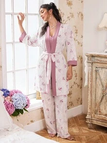 CottageSlumber 3pcs Women's Solid Color Camisole Top, Floral Print Pants And Robe Sleepwear Set, Comfortable & Romantic For Holiday Season Women Pj Sets 3 Piece Pajama Set Women - Purple - View 3