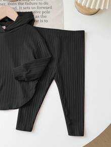 SHEIN 女婴可爱针织弹力纯色连帽衫上衣和弹力腰裤套装，秋冬季女婴罗纹两件套，女婴两件套服装，两件套，女童两件套，秋季套装 - 黑色 - 查看 4