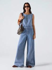 LYSMO Women's Casual Light Blue Denim Suit,Sleeveless Vest And Loose Pants Set,Summer Everyday Office Wear,Western Retro Y2K Streetwear,Festival Rave Outfit - Light Wash - View 1