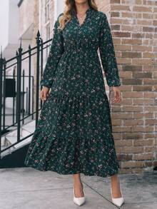 EMERY ROSE V 领花卉印花休闲百搭长袖连衣裙长款女装 - 彩色 - 查看 3