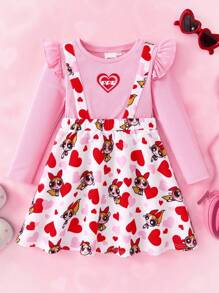 THE POWERPUFF GIRLS X SHEIN Young Girl's Sweet Heart & Blossom Pattern Flare Hem 2 In 1 Long Sleeve Dress, Autumn/Winter - Pink - View 1