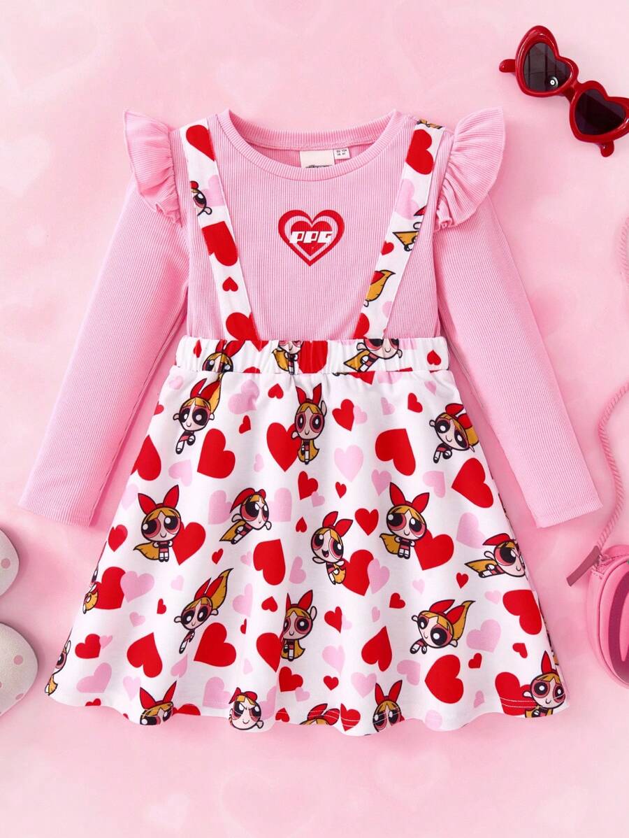 THE POWERPUFF GIRLS X SHEIN Young Girl's Sweet Heart & Blossom Pattern Flare Hem 2 In 1 Long Sleeve Dress, Autumn/Winter - Pink - View 1