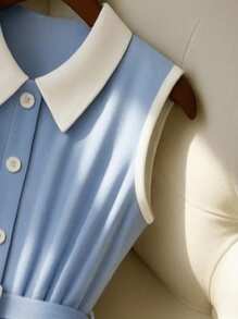 Franclia 女士优雅通勤撞色领无袖褶皱连衣裙，夏季大学校园连衣裙 - 淺藍色 - 查看 3