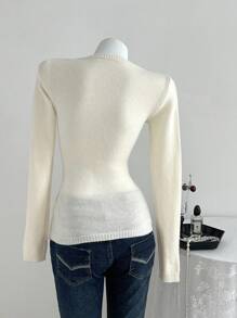 Elamini Collegiate Style Argyle Patchwork V-Neck Fitted Sweater Knit Pullover Fall Winter - Apricot - View 5