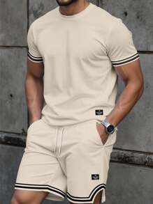 Manfinity Homme Men's Striped Printed Round Neck Short Sleeve Casual T-Shirt And Drawstring Waist Shorts Set Casual Two Pieces Set Men, Cozy Outfits