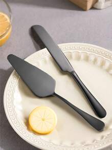 1 套不锈钢蛋糕刀披萨铲水果甜点抹刀套装返校婚礼派对服务器、面包刀、披萨铲 - 黑色 - 查看 1