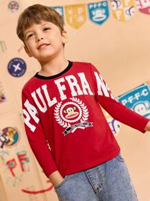 Paul Frank X SHEIN Young Boy Cool Letter Graphic Red Long Sleeve T-Shirt, Autumn/Winter - Red - View 3