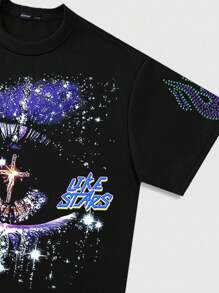 ROMWE MEN Street Life Áo thun nam dáng rộng, ngắn, in họa tiết, phong cách thập niên 2000 - màu đen - Xem 3