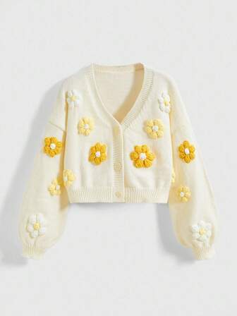 3D Floral Cardigan Sweater For Women, Versatile Casual Loose Fit Short Knit Jacket For Early Autumn