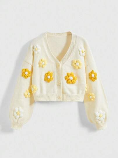 3D Floral Cardigan Sweater For Women, Versatile Casual Loose Fit Short Knit Jacket For Early Autumn