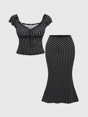 Kawaii 2 pièces Ensemble top et jupe slim femme grande taille avec col V, nœud décoratif, pois contrastés et patchwork de dentelle