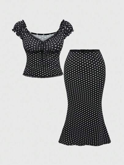 Kawaii مجموعة تنورة وبلوزة مقاسات كبيرة للنساء بياقة على شكل حرف V مزينة بفيونكة، بتصميم بولكا دوت وتطريز دانتيل، قصة ضيقة 2 قطعة