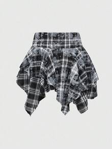 ROMWE Grunge Punk 休闲朋克风做旧拼接流苏下摆扎染格子图案街头风女裙 - 黑與白 - 查看 2