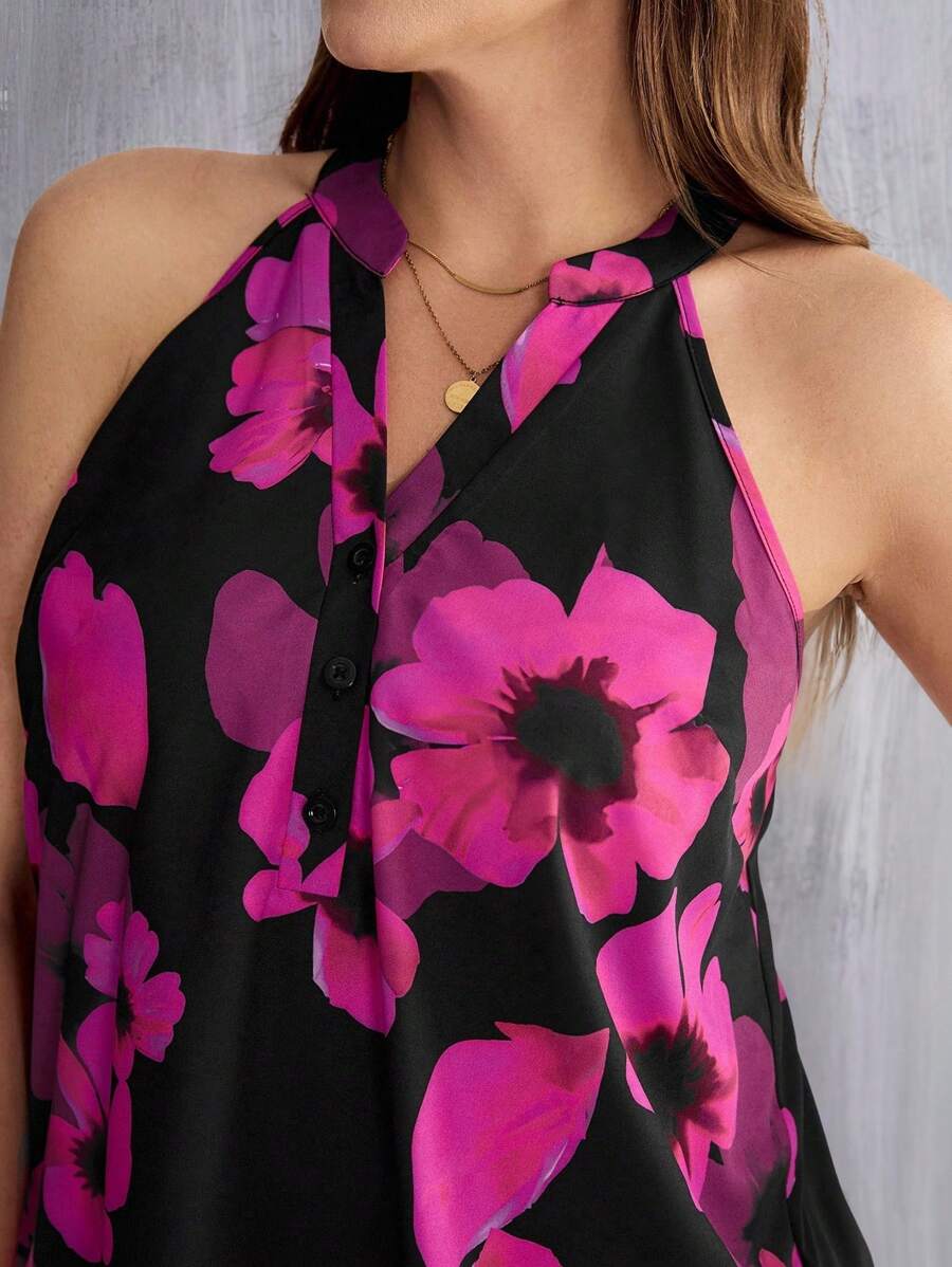 SHEIN LUNE 大码印花翻领无袖休闲衬衫，夏季度假女装，适合海滩、外出、办公室、教师等场合，女士印花衬衫 - 黑色 - 查看 1