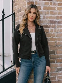 EMERY ROSE Chaqueta informal de motociclista con cierre de cremallera y solapa, hecha de tela texturizada para mujer - Negro - Ver 1