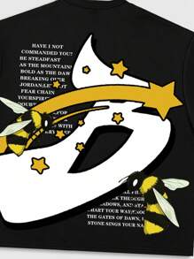 ROMWE MEN Street Life Spring/Summer Beach Vacation Graphic Men'S Loose Dropped Shoulder Short Style Printed T-Shirt - Black - View 3