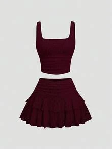 Sweetra Women's Fashionable Lace Ruffle Camisole & Cake Skirt 2-Piece Set, Versatile For Daily Wear And Vacation, Spring/Summer - Burgundy - View 1