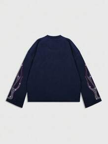 ROMWE MEN Grunge Punk Men's Sparkling Diamond Print Long Sleeve T-Shirt, Loose Cropped Style, 2000s Style - Royal Blue - View 2