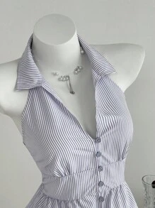 Flirla Parte superior con cuello de halter, botones y volantes a rayas para volver al colegio - Púrpura malva - Ver 4