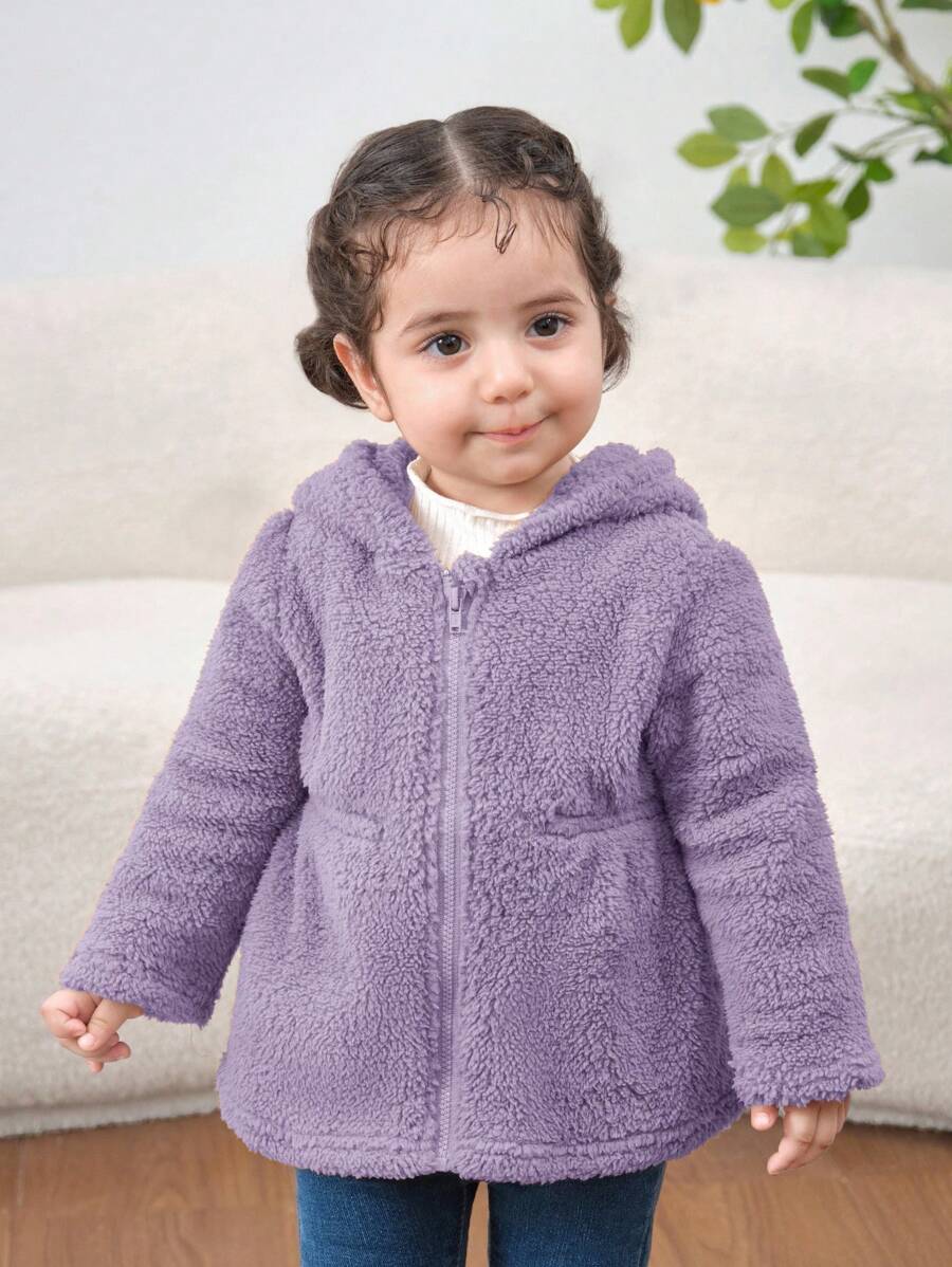 SHEIN Áo khoác dài tay có mũ trùm đầu mềm mại dành cho trẻ sơ sinh/trẻ mới biết đi, thích hợp cho các hoạt động ngoài trời, tiệc tùng và vui chơi, mùa thu/đông - Màu tím hoa cà - Xem 1