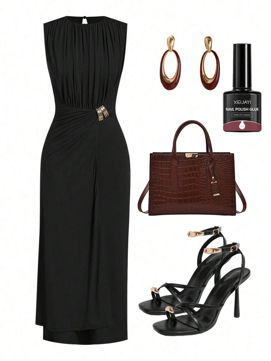 Ellevyn 夏季优雅女士纯色褶皱金属装饰无袖垂坠针织长裙 - 黑色 - 查看 1