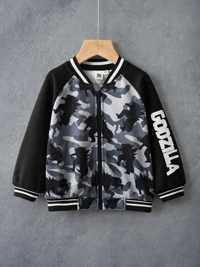 GODZILLAxKONG X SHEIN Young Boys' Camouflage Silhouette Colorblock Raglan Sleeve Thermal Lined Zip-Up Baseball Jacket, Autumn/Winter