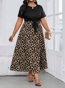 SHEIN Lady Abiti eleganti da ufficio casual boho per primavera ed estate, in maglia con stampa leopardata, collo rotondo, maniche corte a campana, con cintura, midi, taglie comode, abiti estivi da donna, outfit estivi da donna - Multicolore - Visualizzare 3