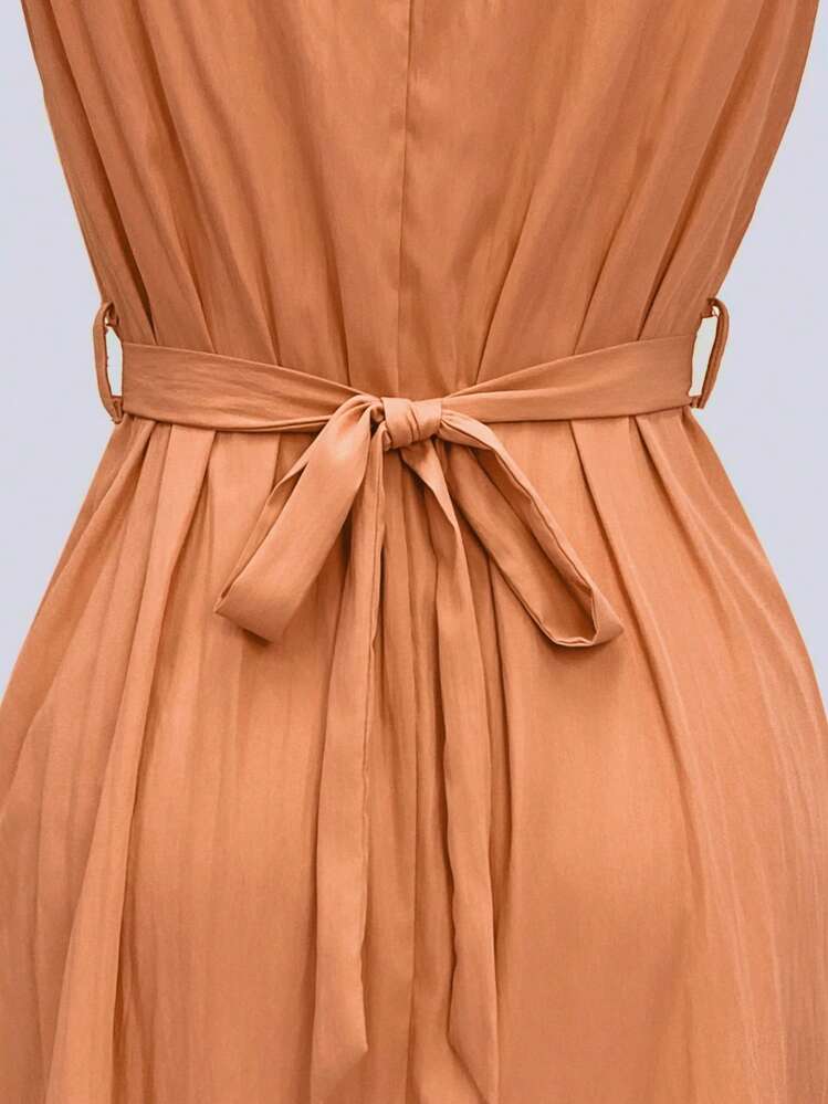 SHEIN Clasi 女式优雅束腰喇叭橙色连衣裙，金属圆环装饰，V领，束腰，春夏 - 橘色 - 查看 5