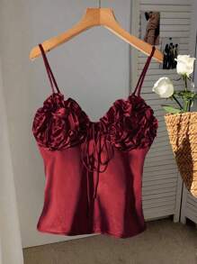 INAWLY Áo hai dây cổ chữ V bằng vải satin trơn màu mùa hè có họa tiết nơ hoa xếp nếp cho nữ - Màu Đỏ Sâu - Xem 3