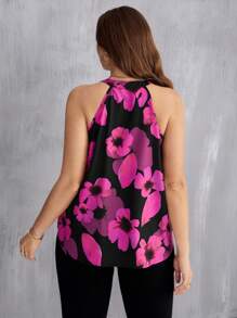 SHEIN LUNE 大码印花翻领无袖休闲衬衫，夏季度假女装，适合海滩、外出、办公室、教师等场合，女士印花衬衫 - 黑色 - 查看 2