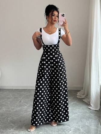 SHEIN PETITE Women's Casual Polka Dot Print Loose Wide Leg Jumpsuit, Summer