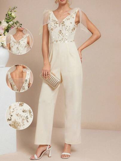 Amorya 女士V领深V露背蝴蝶结串珠亮片奶油黄直筒针织弹力腰连体裤，优雅日常穿着、聚会和社交活动皆宜，春夏婚礼宾客礼服