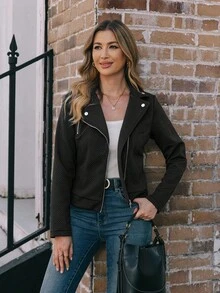 EMERY ROSE Chaqueta informal de motociclista con cierre de cremallera y solapa, hecha de tela texturizada para mujer - Negro - Ver 4