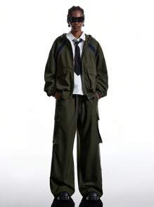 LYSMO 女士休闲百搭纯色阔腿工装裤 - 綠色 - 查看 3