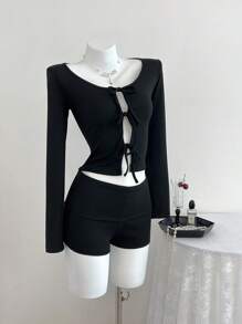 SHEIN Unity 2 piezas Conjunto de otoño para mujer, Cardigan con lazo en las mangas largas - Negro - Ver 3