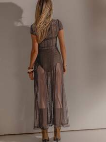 Aralina 女士性感透视蕾丝连衣裙，夏季 - 咖啡棕 - 查看 2