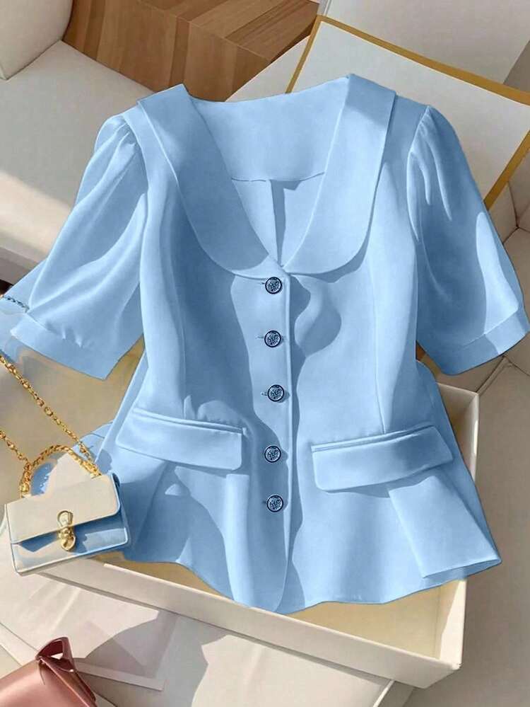 Franclia Plus Size Women's Elegant Solid Color Button-Up Short Sleeve Blouse - Blue - View 6