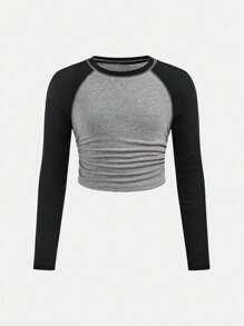 SHEIN Top corto ajustado con bloque de color, manga raglán y cintura fruncida para niña preadolescente, para uso casual diario, de vuelta a la escuela - Gris Oscuro - Ver 7