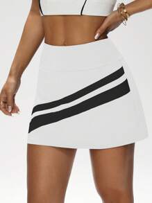 Easithlete A字形撞色双腰带拼接短裤口袋运动裙，春夏 - 白色 - 查看 4