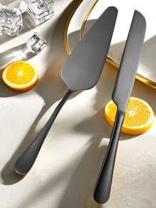 1 套不锈钢蛋糕刀披萨铲水果甜点抹刀套装返校婚礼派对服务器、面包刀、披萨铲 - 黑色 - 查看 2