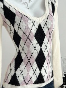 Elamini Collegiate Style Argyle Patchwork V-Neck Fitted Sweater Knit Pullover Fall Winter - Apricot - View 2