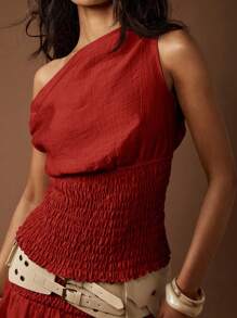 MISSGUIDED One Shoulder Smocked Waist Ruched Top Festival Bohemian Desert Ruffle Hem Chiffon Summer Blouse Evening Party Bardot Women - Red - View 5