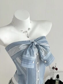 Flirla Back To School Striped Shirt With Bowknot Design Button Camisole Top - Baby Blue - View 4