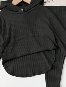 SHEIN 女婴可爱针织弹力纯色连帽衫上衣和弹力腰裤套装，秋冬季女婴罗纹两件套，女婴两件套服装，两件套，女童两件套，秋季套装 - 黑色 - 查看 8