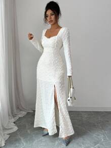 Rafferiza 纯色长袖高开衩优雅秋冬度假约会长裙 - 杏色 - 查看 7