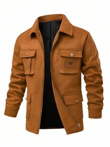 Manfinity Homme 男士长袖休闲多口袋拉链保暖内衬棕色夹克，秋冬款 - 卡其色 - 查看 3