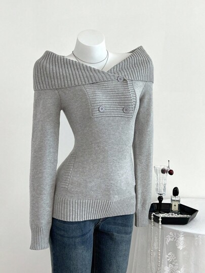 Elamini Women's Casual Solid Color Fitted Sweater