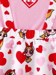 THE POWERPUFF GIRLS X SHEIN Young Girl's Sweet Heart & Blossom Pattern Flare Hem 2 In 1 Long Sleeve Dress, Autumn/Winter - Pink - View 4