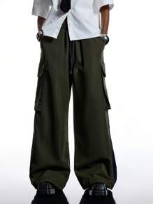 LYSMO 女士休闲百搭纯色阔腿工装裤 - 綠色 - 查看 7